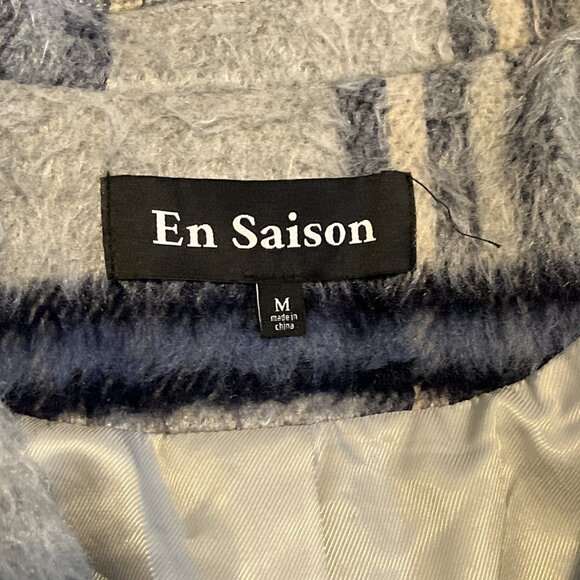 En Saison Demi Plaid Belted Coat SZ Medium Navy Gray Multi Long Fuzzy - Picture 3 of 14